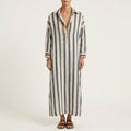 Relaxed Striped Linen Maxi Dress with Collar & Long Sleeves