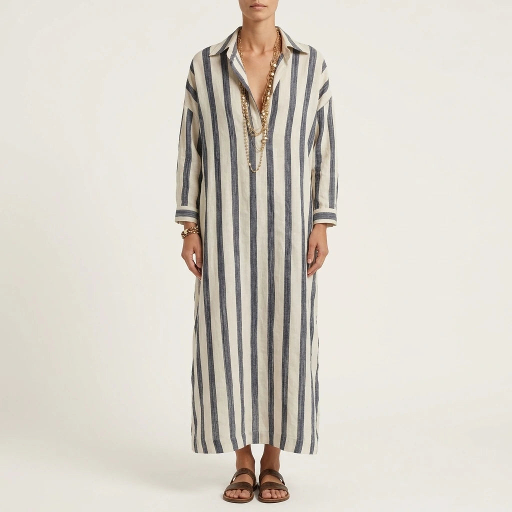 Relaxed Striped Linen Maxi Dress with Collar and Long Sleeves — variant_front