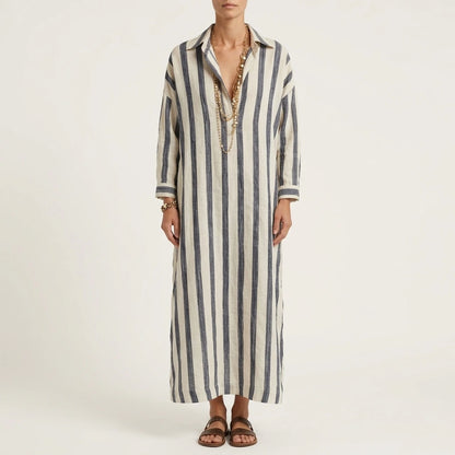 Relaxed Striped Linen Maxi Dress with Collar and Long Sleeves — variant_front