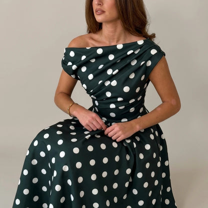 Betty Asymmetric Neckline Skater Midi Green Polka — variant_front