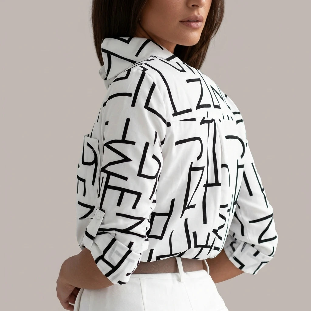Relaxed Printed Shirt with Classic Collar and Roll Up Sleeves — variant_front