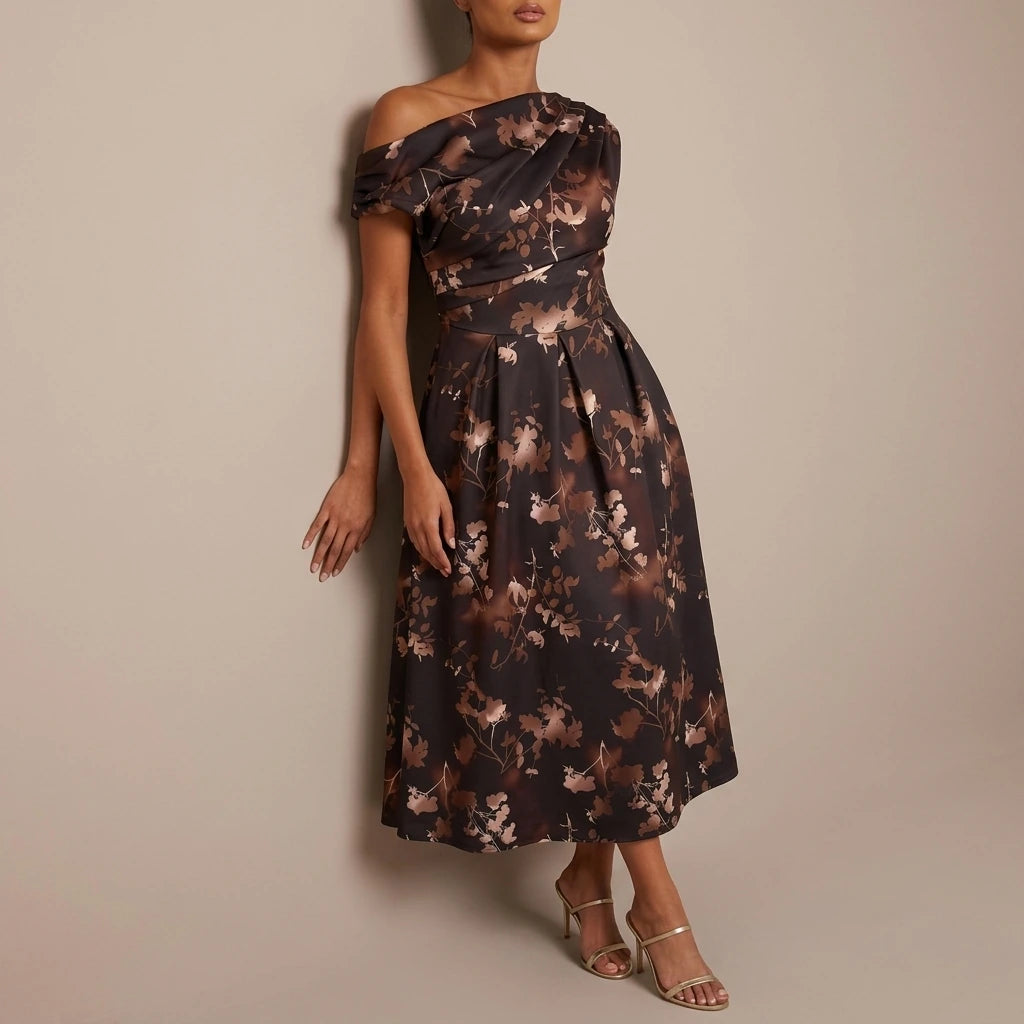 Betty Asymmetric Neckline Floral Skater Midi Dress Brown Floral — variant_front