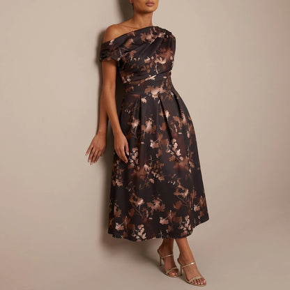 Betty Asymmetric Neckline Floral Skater Midi Dress Brown Floral — variant_front