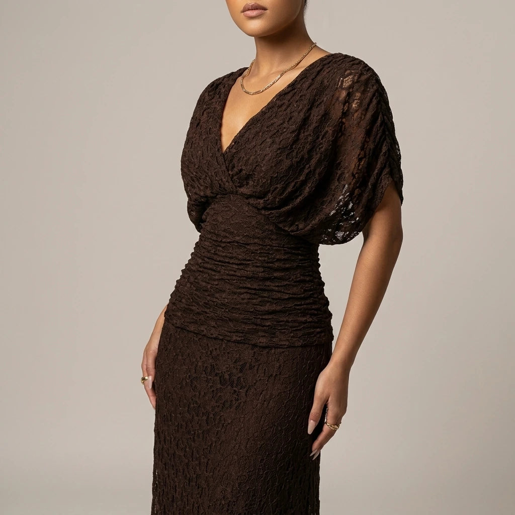 Angel Sleeve Wrap Midi Dress Lace Overlay V-Neck Ruched Waist — variant_front