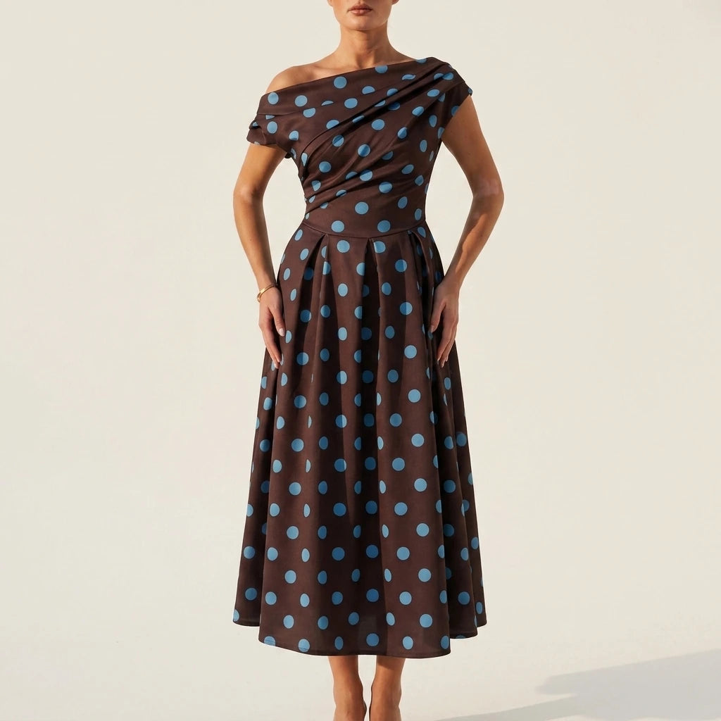 Betty Asymmetric Neckline Skater Midi Brown Polka — variant_front