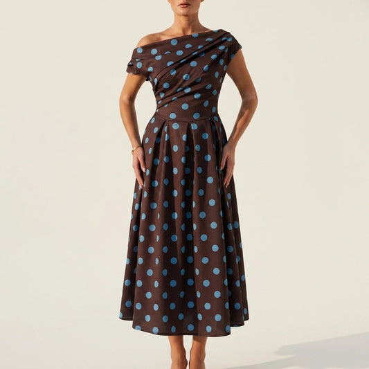 Betty Asymmetric Neckline Skater Midi Brown Polka — variant_front