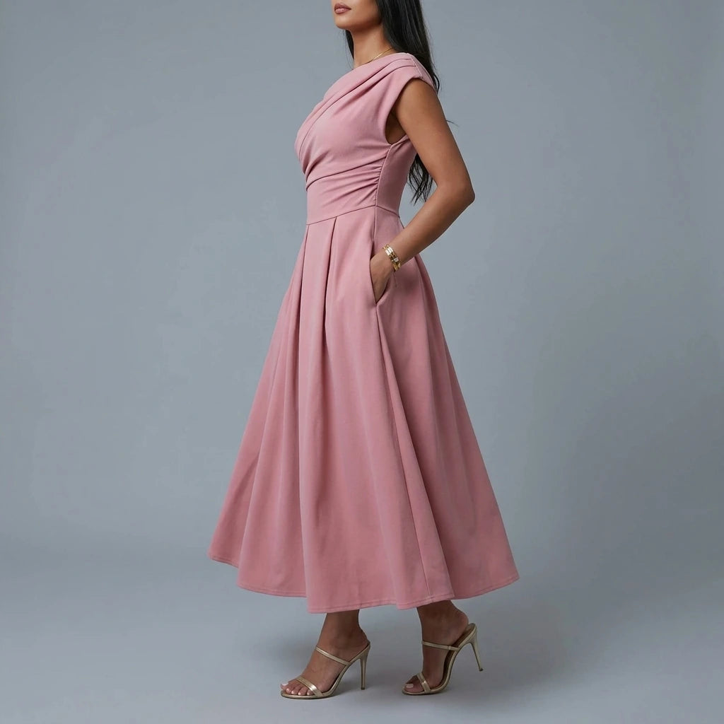 Dollie Asymmetric Neckline Skater Midi Dress Rose — variant_front