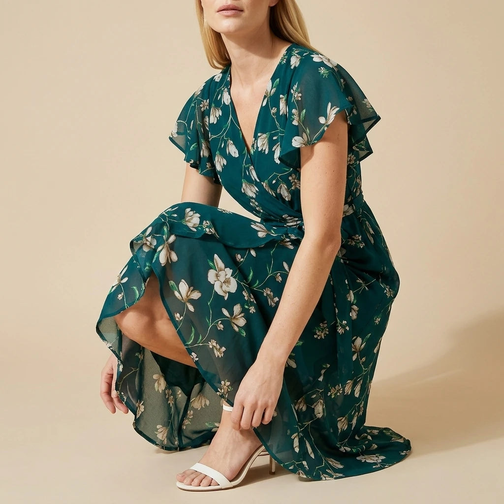 Yumi Green Floral Wrap Midi Dress With Frill Hem — variant_front