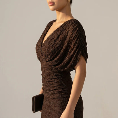 Angel Sleeve Wrap Midi Dress Lace Overlay V-Neck Ruched Waist — variant_front