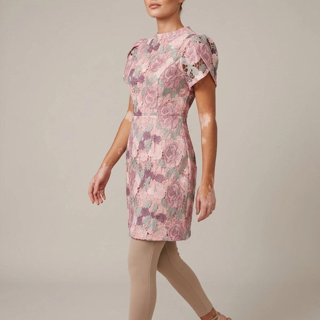 Ami Corded Lace Tulip Sleeve Mini Dress Pink — lifestyle