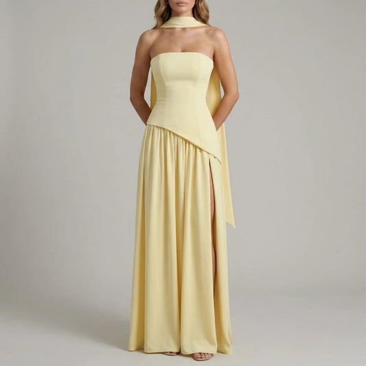 Celestara – Sculpted draped slit – Strapless maxi dress — variant_front