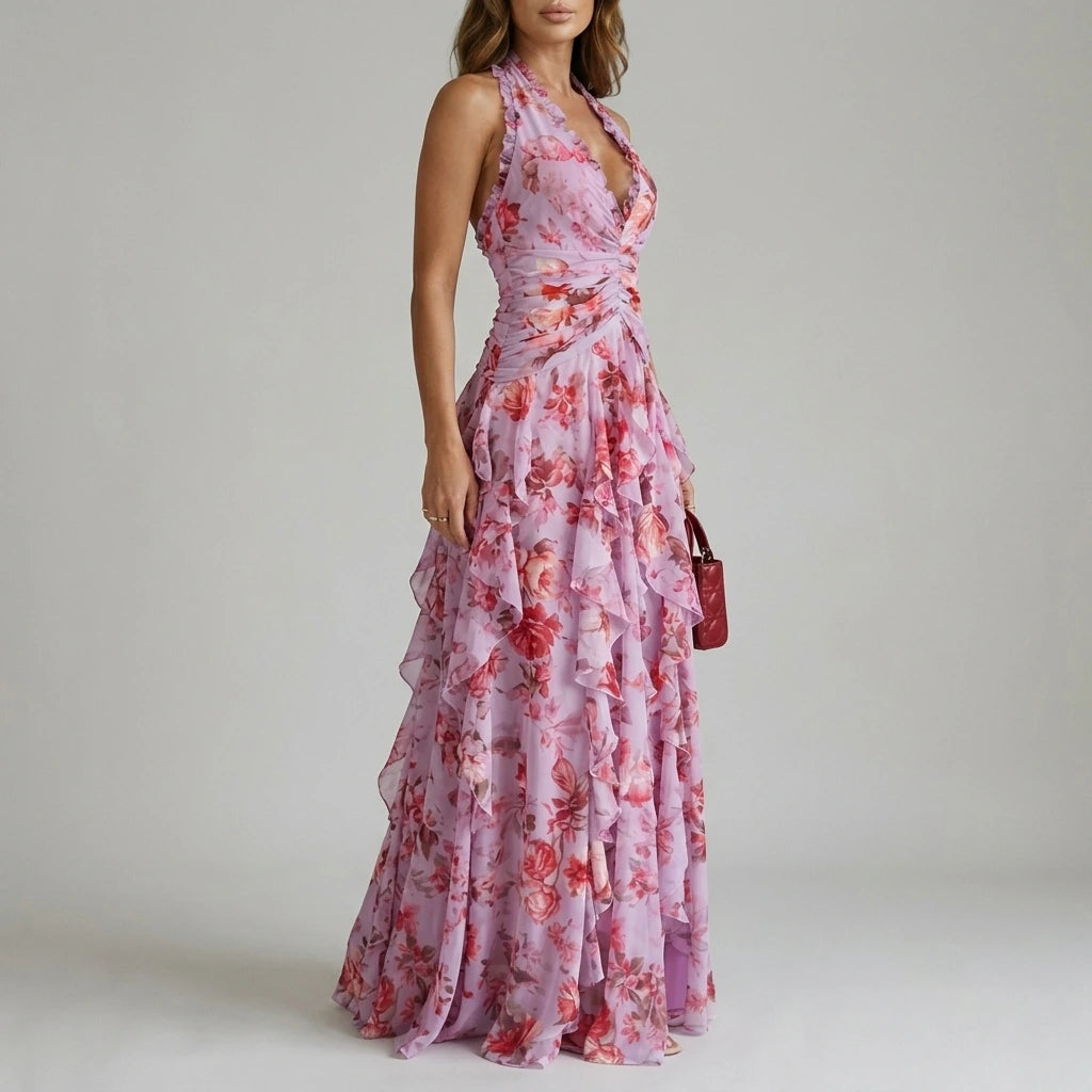 Belladina – Romantic rose cascade – Halter maxi dress — variant_front