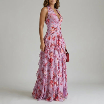 Belladina – Romantic rose cascade – Halter maxi dress — variant_front