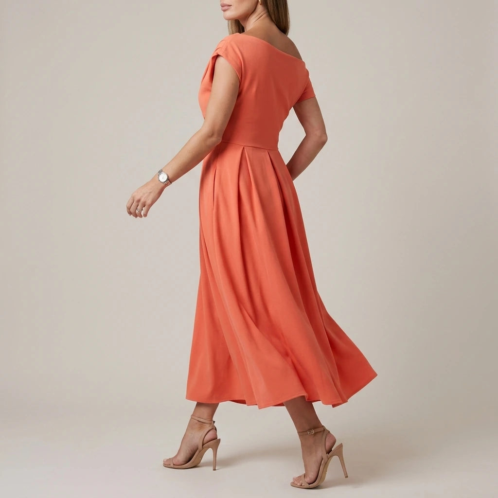 Dollie Asymmetric Neckline Skater Midi Dress Peach Coral — variant_front