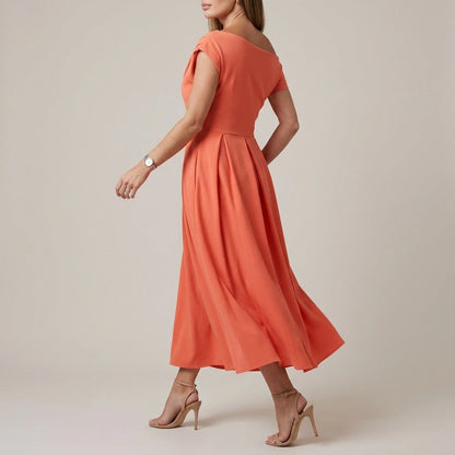 Dollie Asymmetric Neckline Skater Midi Dress Peach Coral — variant_front