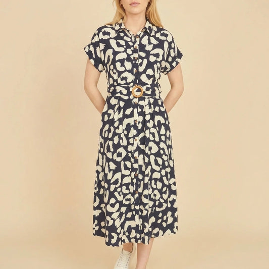 Yumi Navy Abstract Animal Print Relaxed Midi Shirt Dress With Belt — variant_front