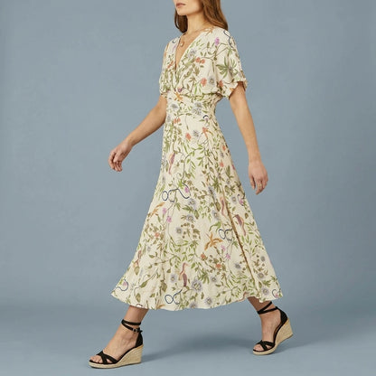 Yumi Ivory Floral Print Ruched Waist Midi Dress With Kimono Sleeves — variant_front