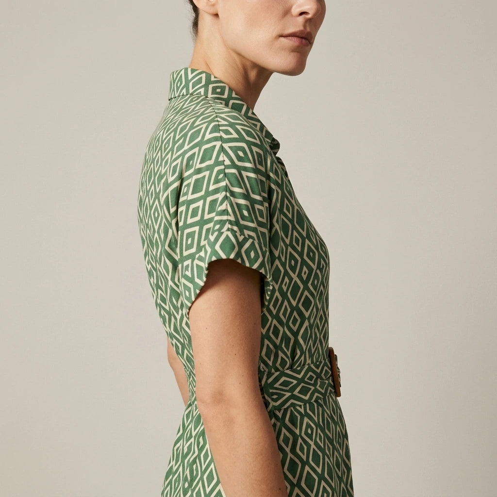 Yumi Green Viscose Midi Shirt Dress With Matching Belt — variant_front