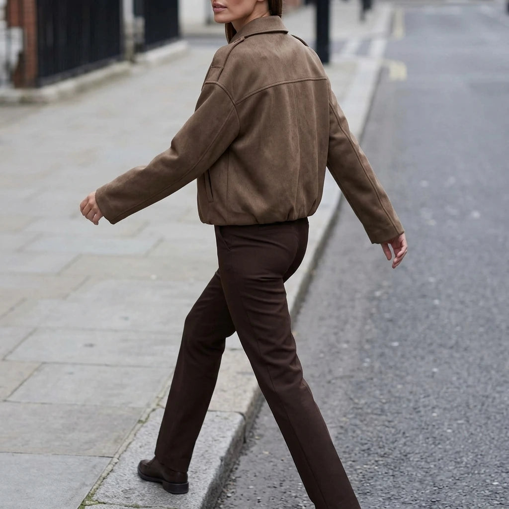 Brown Suede Look Bomber Jacket Zip Front Casual — variant_front
