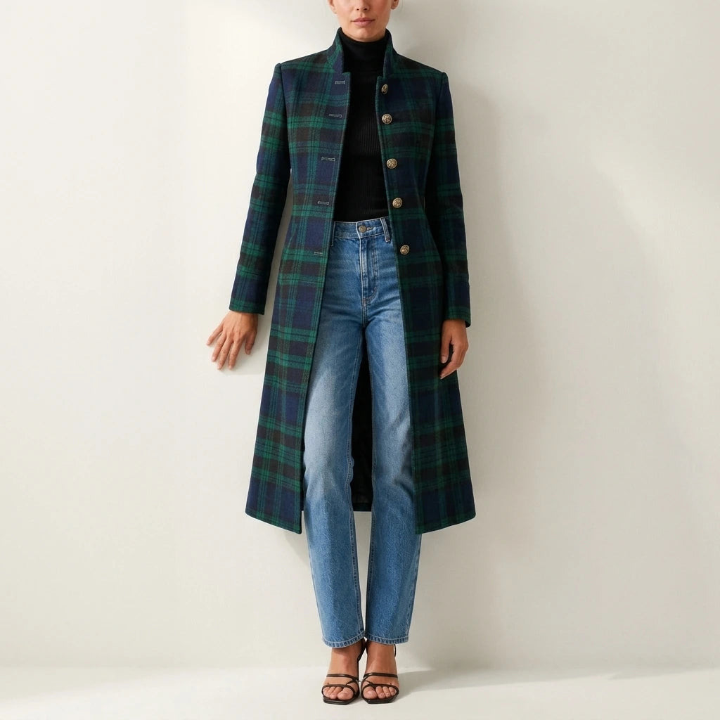 Women’s Tailored Plaid Jacket – Structured Mid-Length Check Coat — variant_front