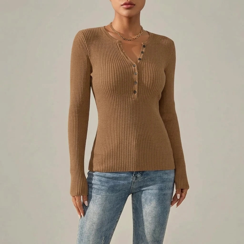 2026 Western Style Henley Collar Half-Button Sweater, Vertical Ribbed Waist-Defining Long Sleeve Versatile Inner Layer Base Top — variant_front