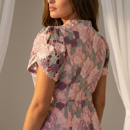 Ami Corded Lace Tulip Sleeve Mini Dress Pink — lifestyle