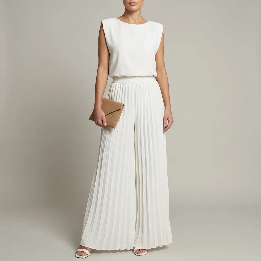Women's Breathable Cotton Outfit Set Elegant Sleeveless Top Wide Leg Pants Relaxed Fit — variant_front