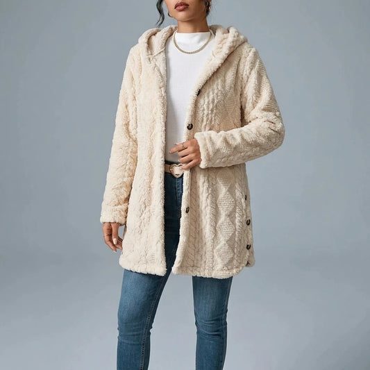 Autumn-Winter Warm Fashion Jacquard Plush Hooded Cardigan Coat — variant_front
