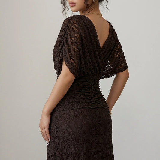 Angel Sleeve Wrap Midi Dress Lace Overlay V-Neck Ruched Waist — variant_front