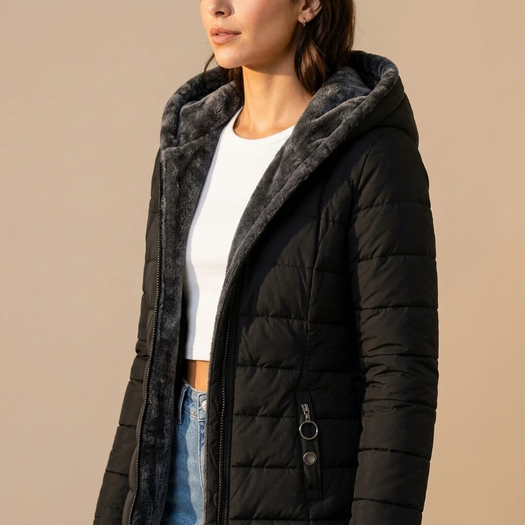 Women’s Hooded Winter Coat – Plush Lined Elegant Long Jacket — variant_front