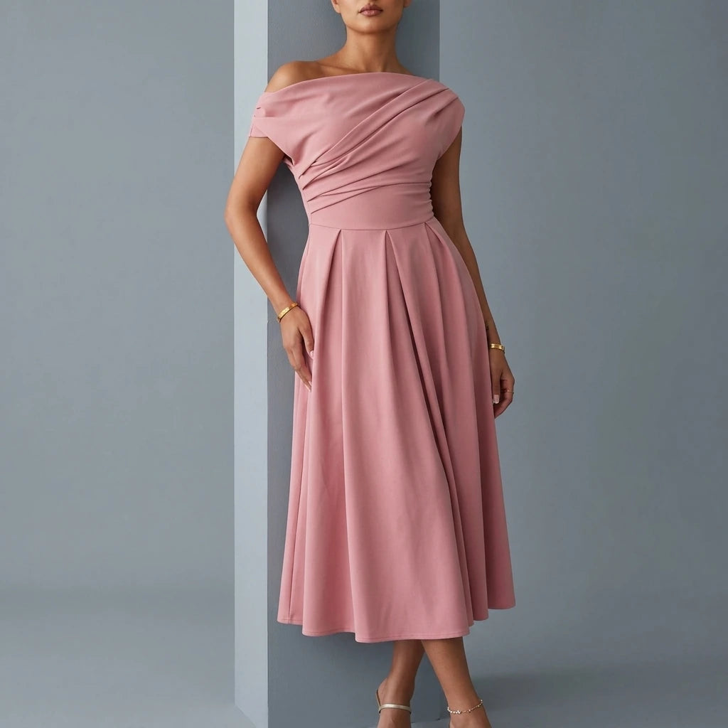 Dollie Asymmetric Neckline Skater Midi Dress Rose — variant_front