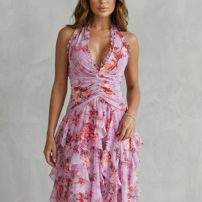 Belladina – Romantic rose cascade – Halter maxi dress — variant_front