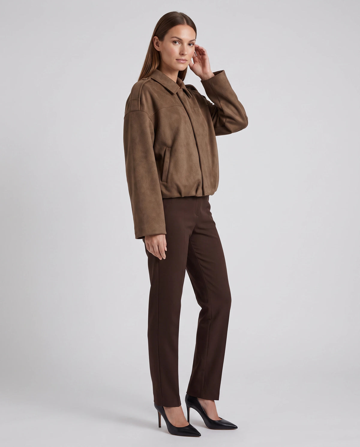 Brown Suede Look Bomber Jacket Zip Front Casual — gallery_01.webp