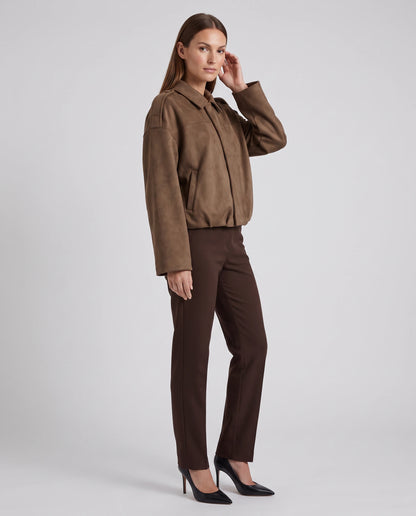 Brown Suede Look Bomber Jacket Zip Front Casual — gallery_01.webp