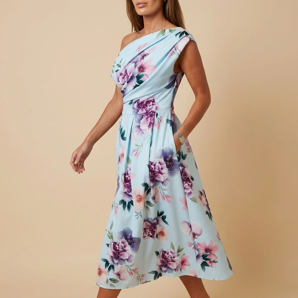 Betty Asymmetric Neckline Skater Midi Dress Blue Print — variant_front