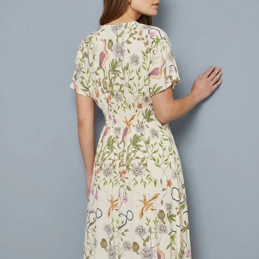 Yumi Ivory Floral Print Ruched Waist Midi Dress With Kimono Sleeves — variant_front