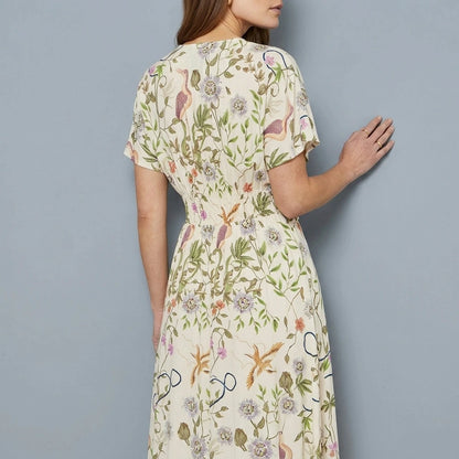 Yumi Ivory Floral Print Ruched Waist Midi Dress With Kimono Sleeves — variant_front