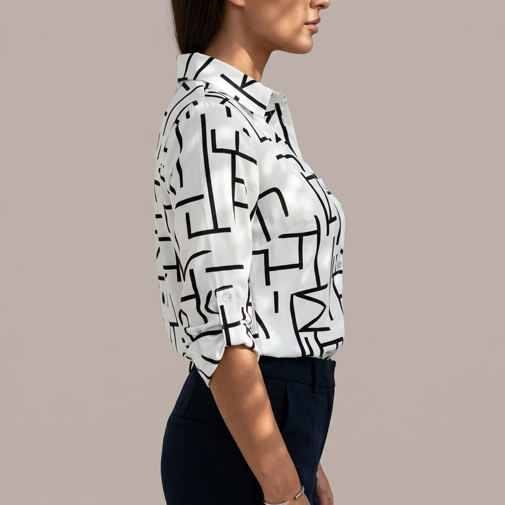 Relaxed Printed Shirt with Classic Collar and Roll Up Sleeves — variant_front