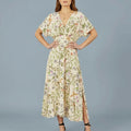 Floral Print Midi Dress With Ruched Waist And Kimono Sleeves