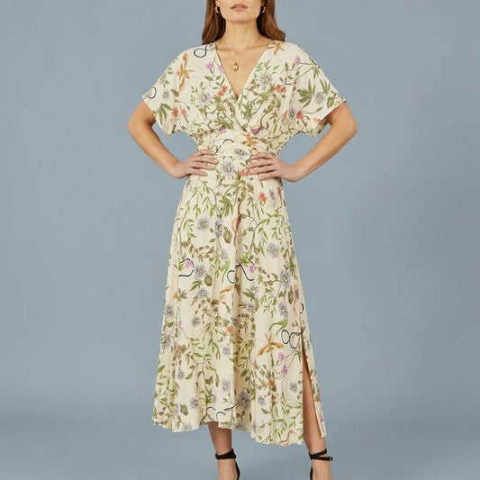Yumi Ivory Floral Print Ruched Waist Midi Dress With Kimono Sleeves — variant_front