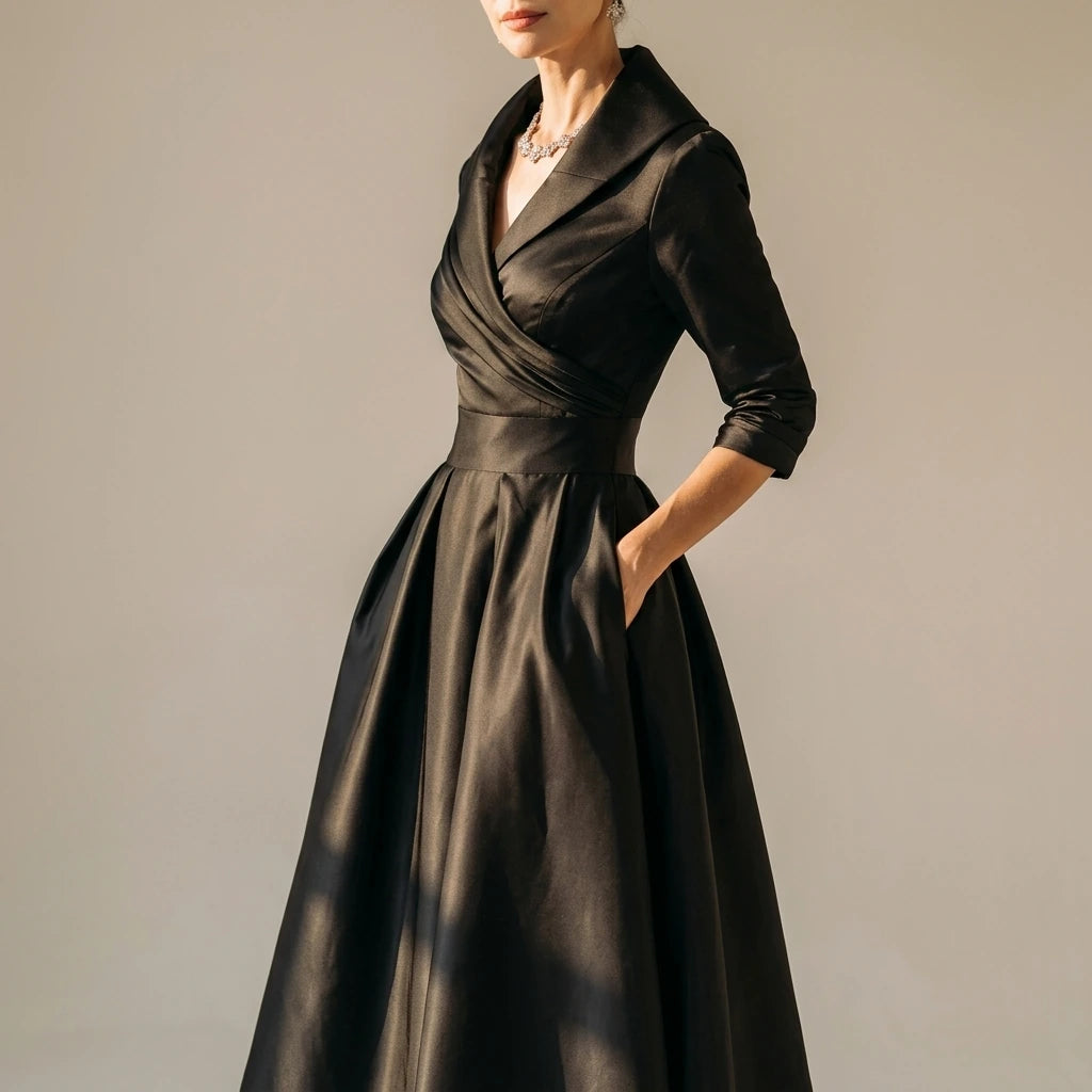 Elegant A-Line Midi Dress with Wrap Bodice and Full Skirt — variant_front