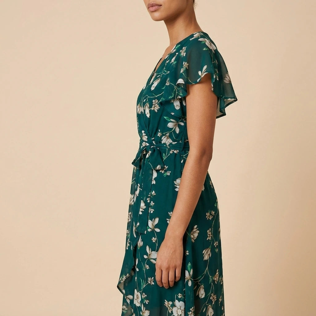 Yumi Green Floral Wrap Midi Dress With Frill Hem — variant_front