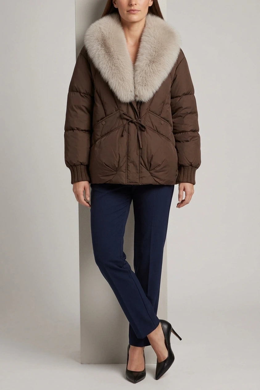 Brown Puffer Jacket Faux Fur Collar — variant_front