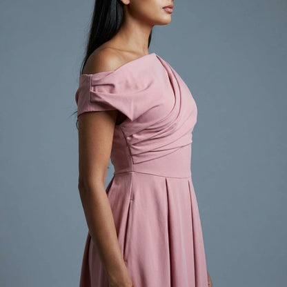 Dollie Asymmetric Neckline Skater Midi Dress Rose — variant_front
