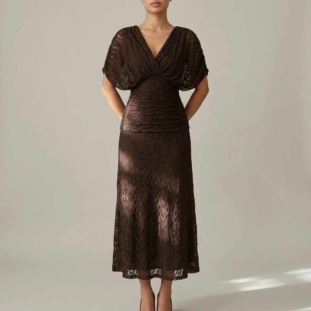 Angel Sleeve Wrap Midi Dress Lace Overlay V-Neck Ruched Waist — variant_front