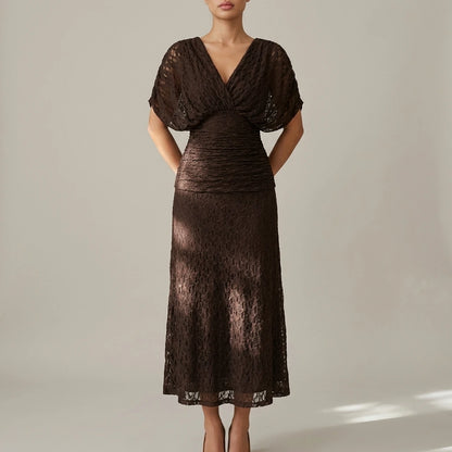 Angel Sleeve Wrap Midi Dress Lace Overlay V-Neck Ruched Waist — variant_front