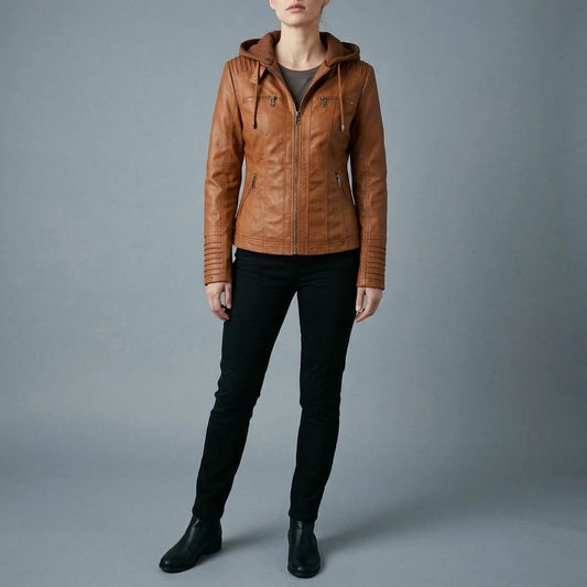Leather Biker Jacket with Removable Hood and Zip Detail — variant_front