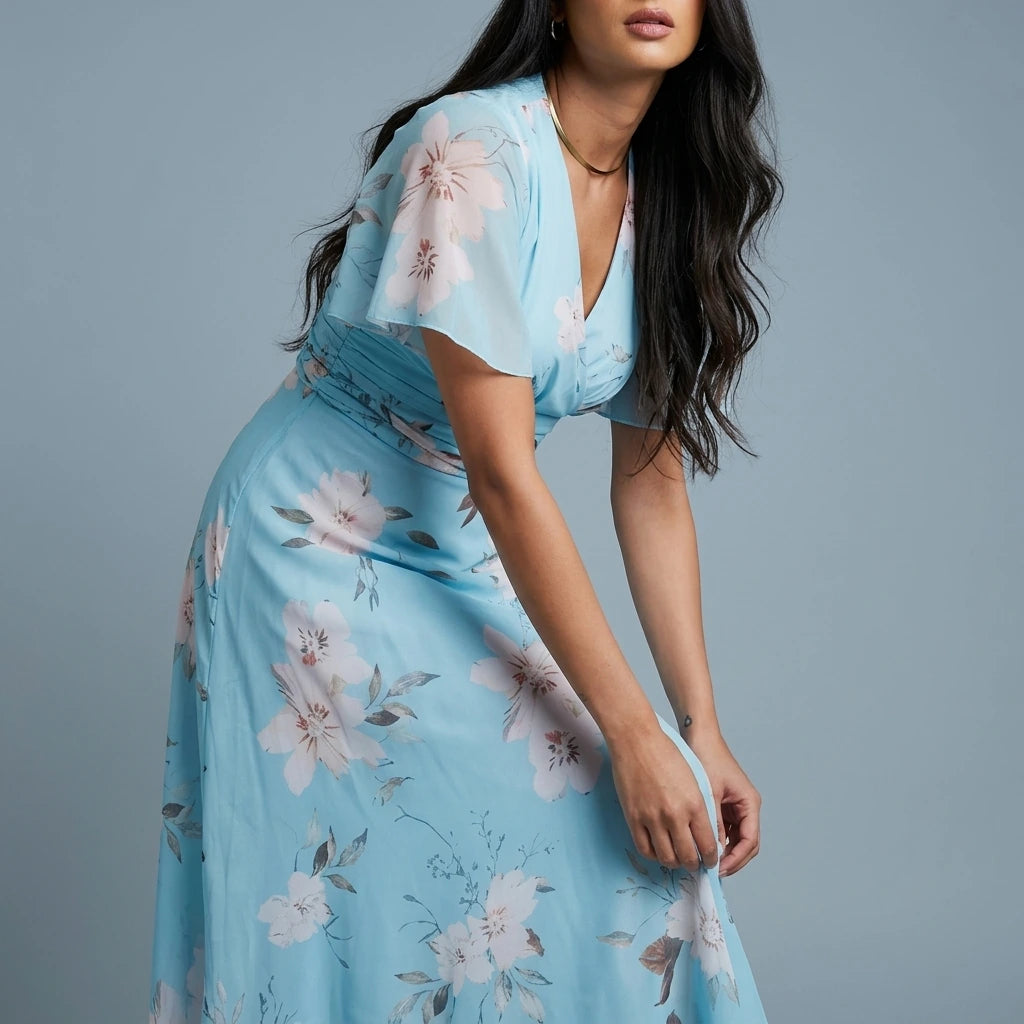 Pari Wrap Neck Pleated Waist Maxi Dress Sky Floral — variant_front