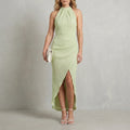 Pleated Backless Allure Halter-Neck Maxi Dress With Front Split