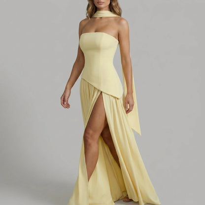 Celestara – Sculpted draped slit – Strapless maxi dress — variant_front